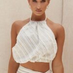 House of CB Bette Lniany top bez pleców wiązany na szyi kolor lniany modna odzież damska