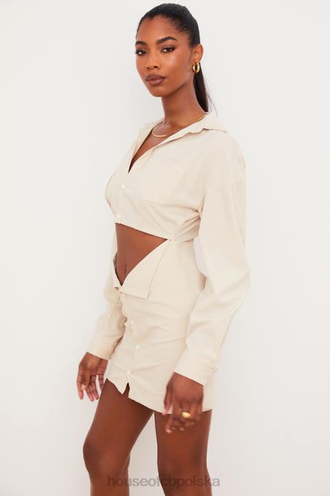 House of CB beżowa lniana sukienka koszulowa z wycięciami modna elegancka na każdą okazję - Image 9