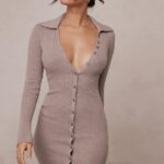 House of CB Beżowa Midi Sukienka Kaszmirowa Elegancka Modna Odzież
