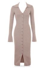 House of CB Beżowa Midi Sukienka Kaszmirowa Elegancka Modna Odzież - Image 4