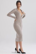 House of CB Beżowa Midi Sukienka Kaszmirowa Elegancka Modna Odzież - Image 10