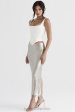 House of CB Colette błyszcząca spódnica midi szampańska elegancka moda damska - Image 2