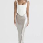 House of CB Colette błyszcząca spódnica midi szampańska elegancka moda damska