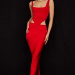 House of CB Colette satynowa spódnica midi szkarłatna z niskim stanem modna odzież kobieca