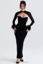 House of CB Czarna Aksamitna Maxi Sukienka Gorsetowa Thalia