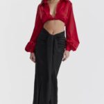 House of CB Czarna Maxi Spódnica Jedwabna Drapowana Arla 4PND858