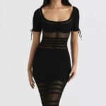 House of CB Czarna Midi Sukienka Ażurowa Lilla Stylowa Moda