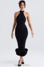 House of CB Czarna Midi Sukienka Peplum Jałowiec Stylowa Moda - Image 2