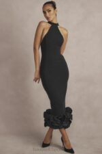 House of CB Czarna Midi Sukienka Peplum Jałowiec Stylowa Moda - Image 14