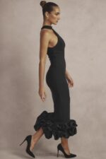 House of CB Czarna Midi Sukienka Peplum Jałowiec Stylowa Moda - Image 3