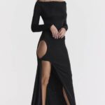 House of CB Czarna Sukienka Maxi Wycięciem Marella Modna Odzież Damska