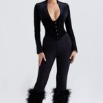 House of CB Czarne Spodnie Nicolette Obszyte Stylowe i Modne