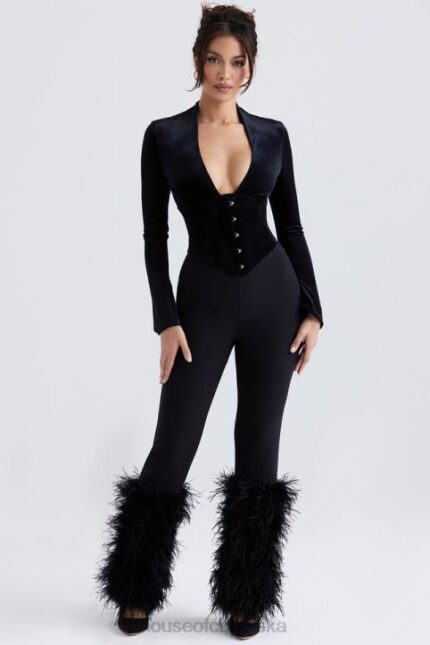 House of CB Czarne Spodnie Nicolette Obszyte Stylowe i Modne