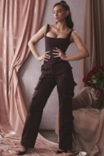 House of CB Czekoladowe Satynowe Spodnie Cargo Fashionowy Styl - Image 2