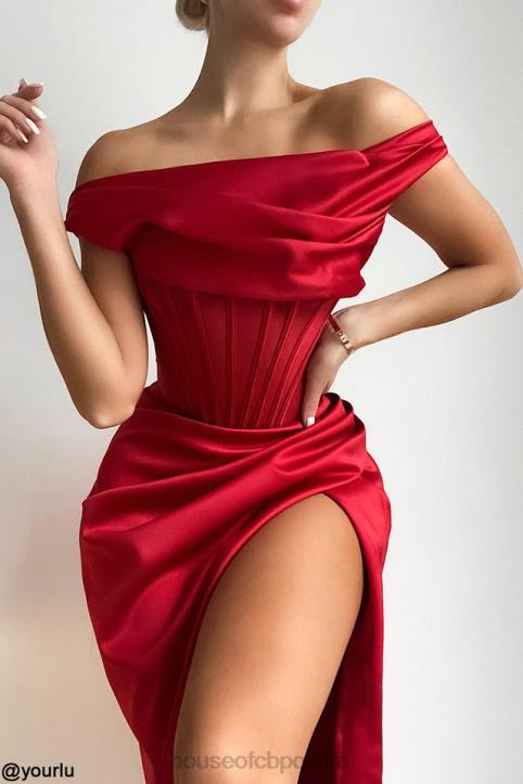 House of CB Czerwona Asymetryczna Drapowana Sukienka Midi z Gorsetem 4PND587 Elegancja na Każdą Okazję - Image 12