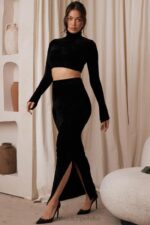 House of CB Elegancka czarna spódnica maxi z szenilu
