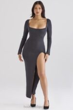 House of CB Elegancka Sukienka Maxi Kaszmirowa Węgiel Drzewny - Image 7