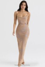 House of CB Gabrielle maxi sukienka cafe au lait opalizująca elegancka moda - Image 2