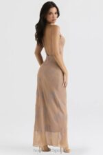 House of CB Gabrielle maxi sukienka cafe au lait opalizująca elegancka moda - Image 12