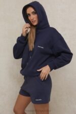 House of CB Granatowa Oversize Bluza z Kapturem Halo Modny Styl - Image 11