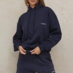 House of CB Granatowa Oversize Bluza z Kapturem Halo Modny Styl