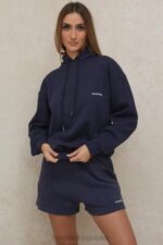 House of CB Granatowa Oversize Bluza z Kapturem Halo Modny Styl