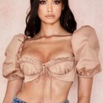 House of CB Hej bralet z bufiastymi rękawami w kolorze wielbłądzim
