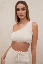 House of CB Kremowy szenilowy top Charlie na jedno ramię modna odzież damska - Image 12