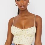 House of CB Lilibeth Lemonowy top z kwiatami i marszczeniem