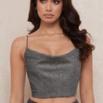 House of CB Lulia Srebrny Krótki Top Modny Styl Elegancki