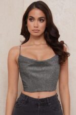 House of CB Lulia Srebrny Krótki Top Modny Styl Elegancki