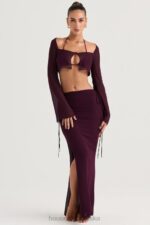 House of CB Maxi Spódnica Śliwkowa z Wycięciem Amalfi 4PND931 Modna Odzież