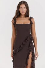 House of CB Maxi Sukienka Falbana Espresso Stylowa Moda - Image 11