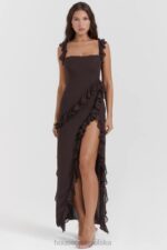 House of CB Maxi Sukienka Falbana Espresso Stylowa Moda