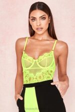 House of CB Nadia koronkowe body neonowożółte modna odzież damska