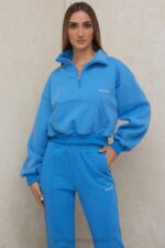 House of CB Niebieska Krótka Bluza Mitch Zamek Przód Modna Odzież