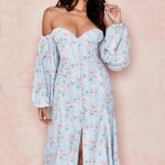 House of CB niebieska sukienka midi bardot w kwiaty na każdą okazję