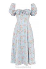 House of CB Niebieska vintage sukienka midi z bufiastymi rękawami i kwiatami - Image 8