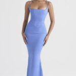 House of CB Oliwkowa Maxi Sukienka Satynowy Gorset z Barwinkiem
