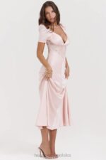 House of CB Rafaela miękka brzoskwiniowa sukienka jedwabna z koronką elegancka moda kobieca - Image 13