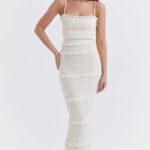 House of CB Sukienka Maxi Cekinowa Kość Słoniowa Modna Elegancka