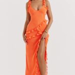 House of CB Sukienka maxi w kolorze pomarańczowym z falbaną Pixie