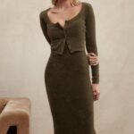 House of CB Sukienka maxi z dzianiny khaki stylowa elegancja