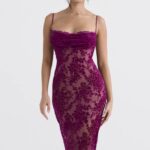 House of CB Sukienka Midi Ione Cranberry Devore Modna Elegancja