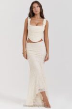 House of CB Therese Kremowa Koronkowa Spódnica Maxi Vintage Elegancja - Image 13