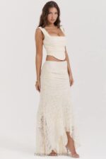 House of CB Therese Kremowa Koronkowa Spódnica Maxi Vintage Elegancja - Image 14