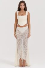 House of CB Therese Kremowa Koronkowa Spódnica Maxi Vintage Elegancja - Image 17