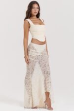House of CB Therese Kremowa Koronkowa Spódnica Maxi Vintage Elegancja - Image 18