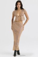 House of CB Top Maia Shimmer Cafe au Lait Wiązany Z Przodu Modny Stylowy Elegancki - Image 2