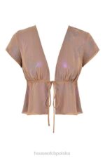 House of CB Top Maia Shimmer Cafe au Lait Wiązany Z Przodu Modny Stylowy Elegancki - Image 6